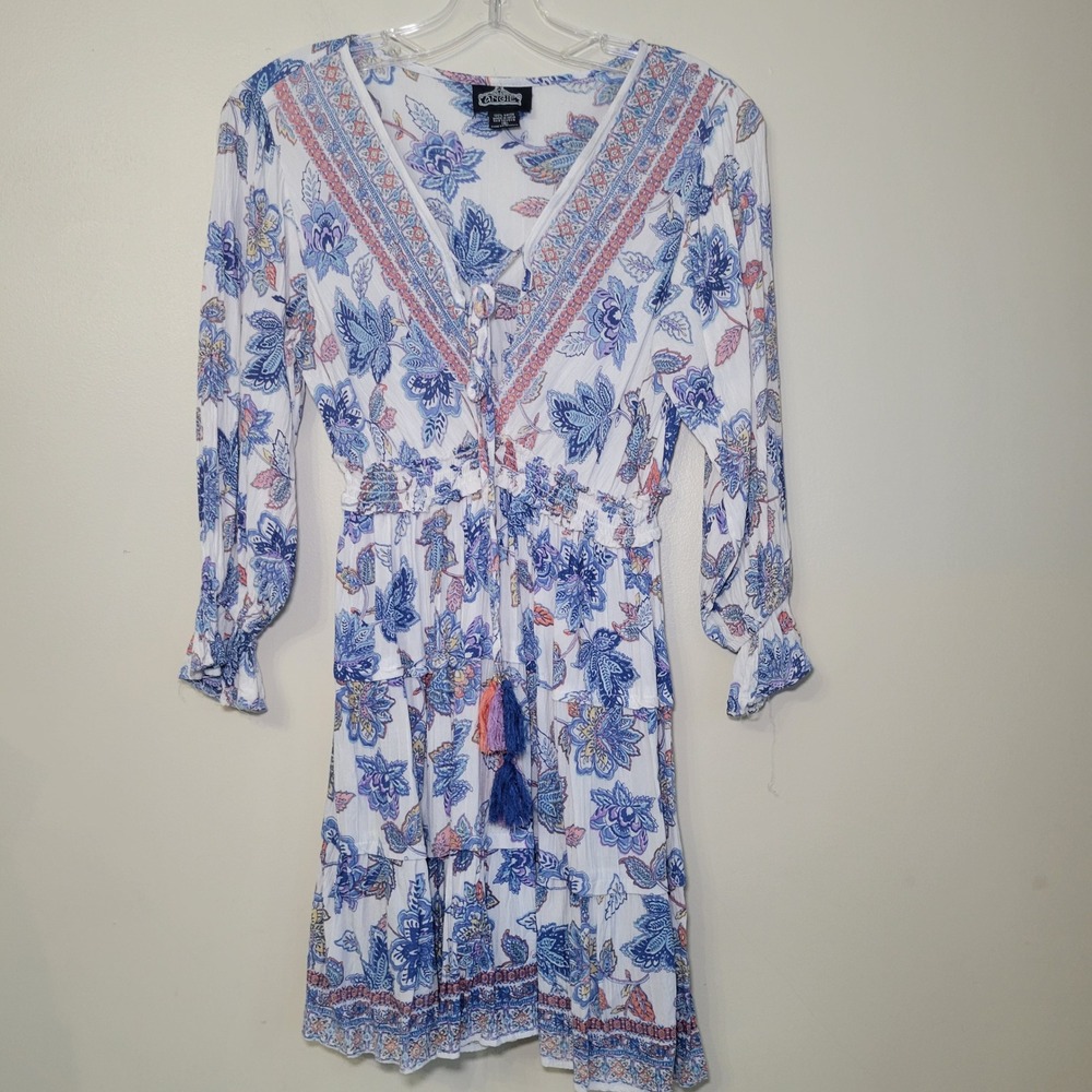 Angie Boho Floral Paisley Smocked Tiered Mini Dress White Blue Pink Small